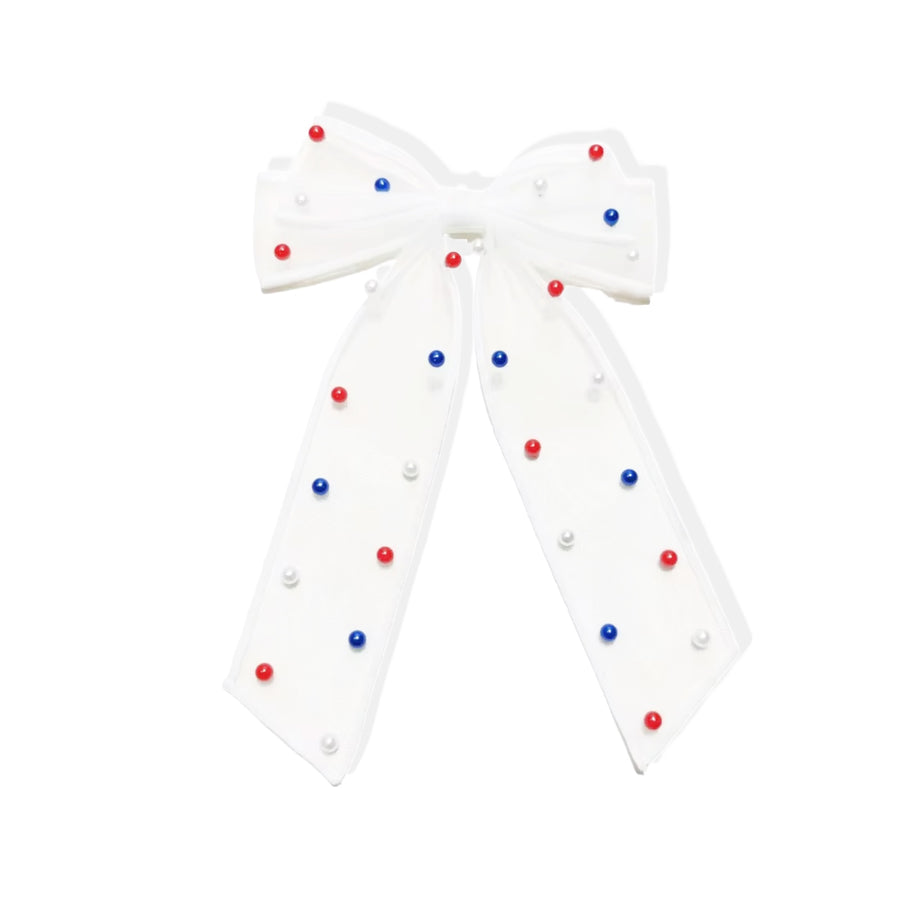 These patriotic tulle pearl long tail pre-cut tied bows are ready to package and resell to your customers no sewing or measuring necessary! These hair bows come with a clip already attached.