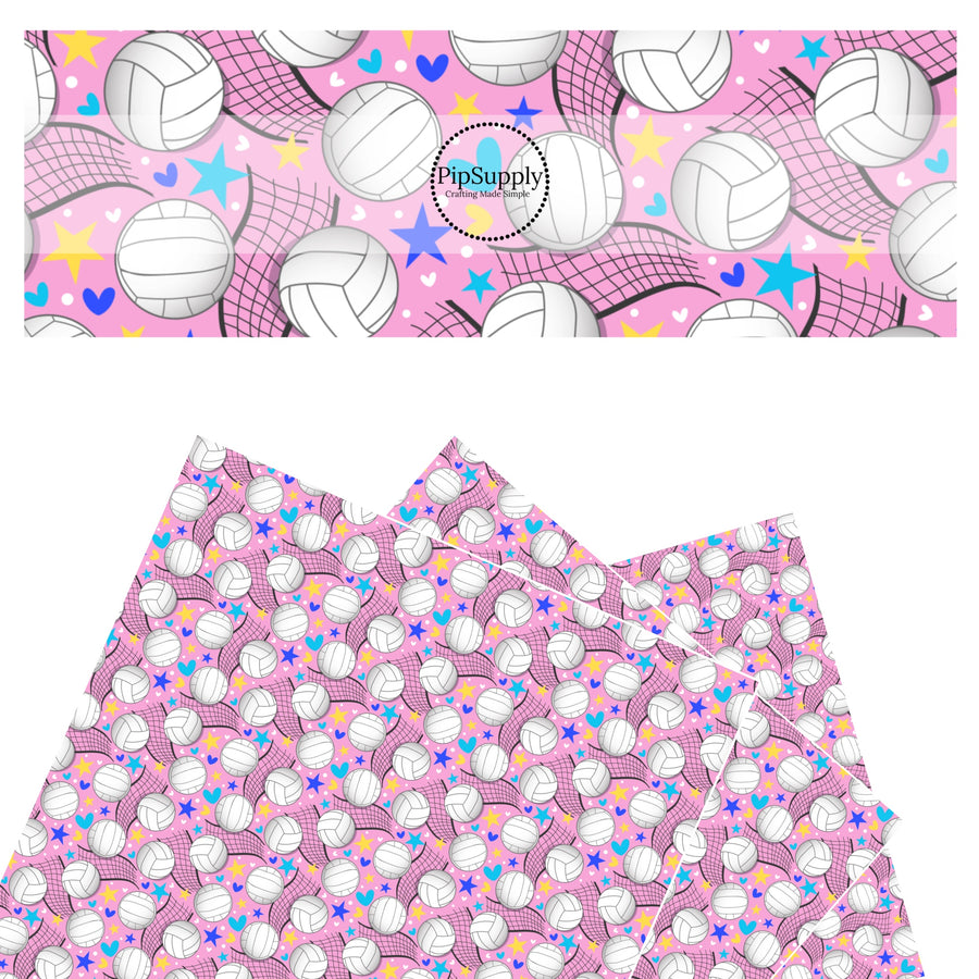 volleyballs, hearts, stars, and nets on pink faux leather sheets