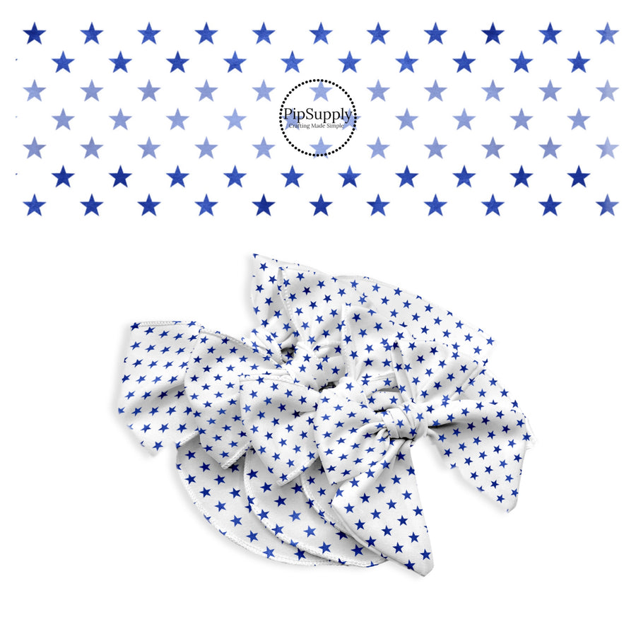 These patriotic pattern no sew bow strips can be easily tied and attached to a clip for a finished hair bow. These festive bow strips are great for personal use or to sell. These bow strips feature the following design elements: blue stars.