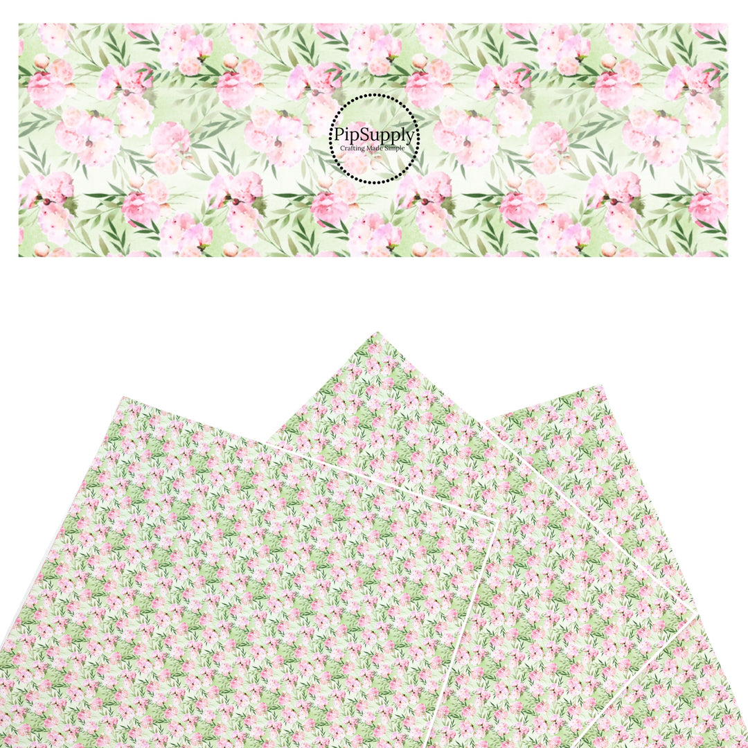 These floral faux leather sheets contain the following design elements: pink and green wicked flowers. Our CPSIA compliant faux leather sheets or rolls can be used for all types of crafting projects.