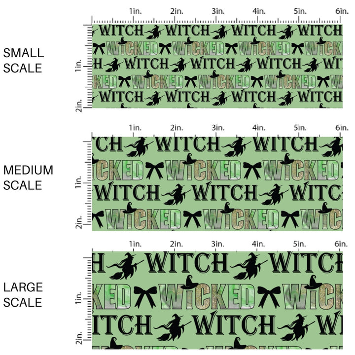 This fun witch themed fabric by the yard features "wicked witch" sayings with witch and bows on green. This fun pattern fabric can be used for all your sewing and crafting needs!