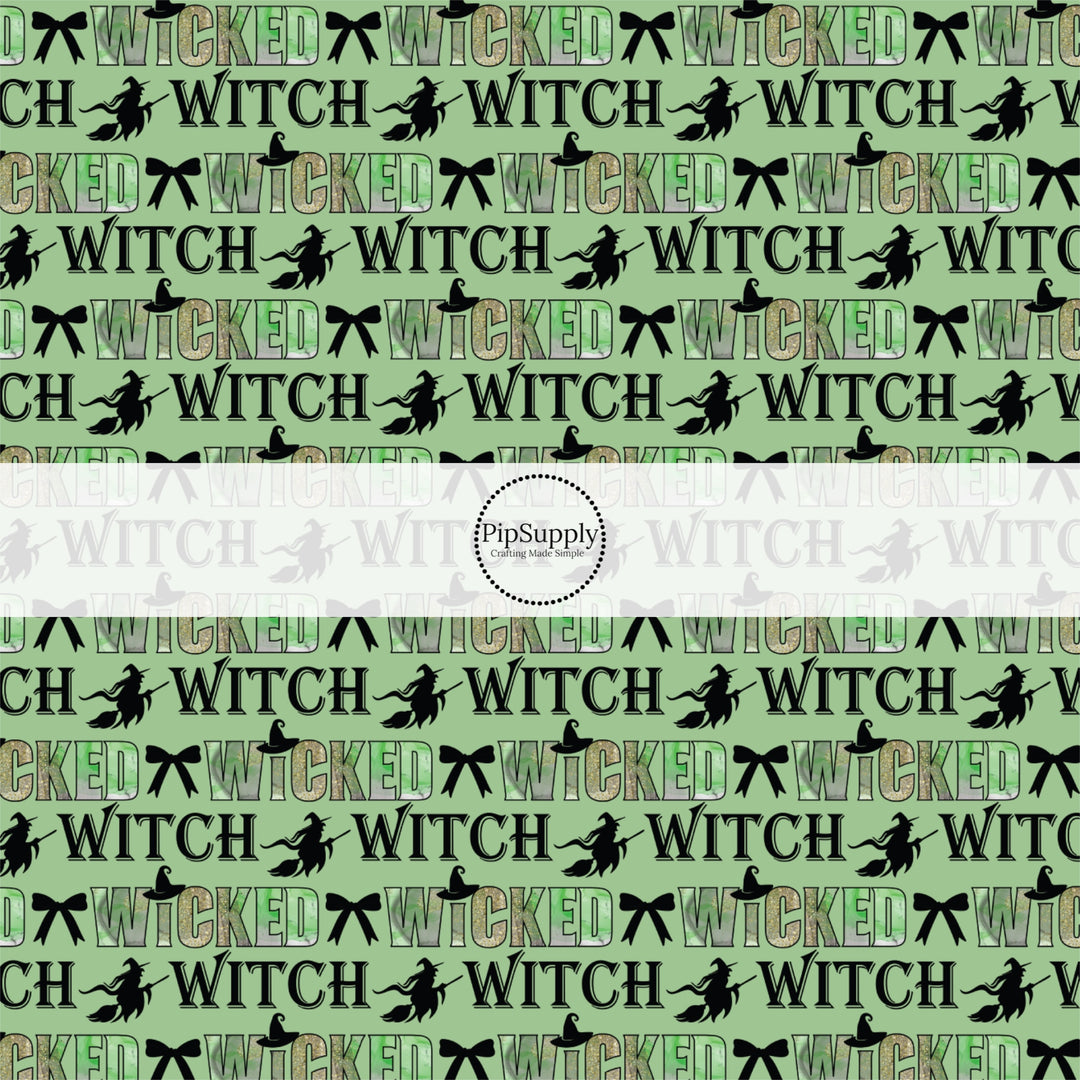 This fun witch themed fabric by the yard features "wicked witch" sayings with witch and bows on green. This fun pattern fabric can be used for all your sewing and crafting needs!