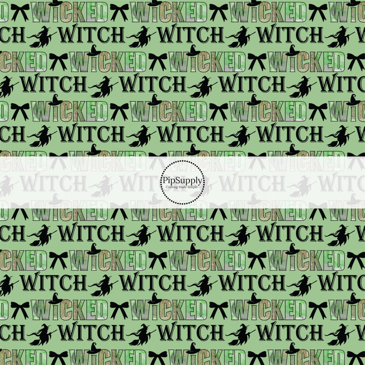 This fun witch themed fabric by the yard features "wicked witch" sayings with witch and bows on green. This fun pattern fabric can be used for all your sewing and crafting needs!