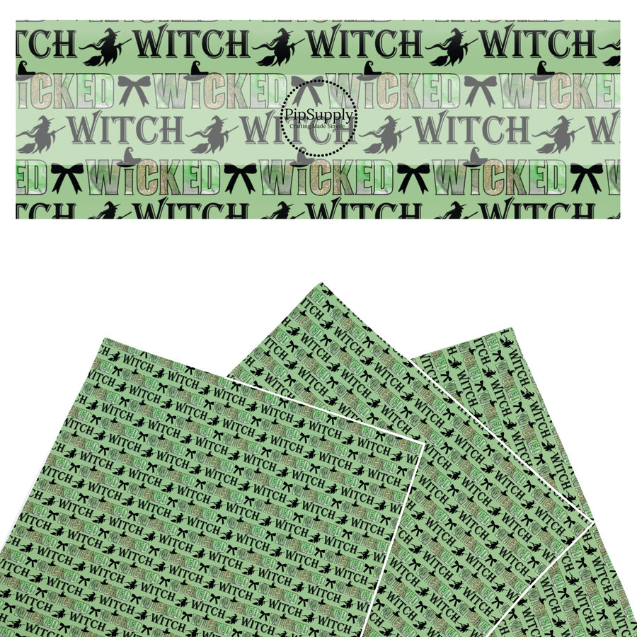 These fun witch themed faux leather sheets contain the following design elements: "wicked witch" sayings with witch and bows on green. Our CPSIA compliant faux leather sheets or rolls can be used for all types of crafting projects.