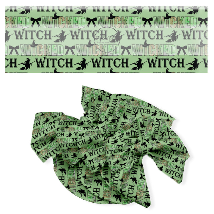 These fun witch themed no sew bow strips can be easily tied and attached to a clip for a finished hair bow. These fun bow strips are great for personal use or to sell. These bow strips feature the following design elements: "wicked witch" sayings with witch and bows on green.