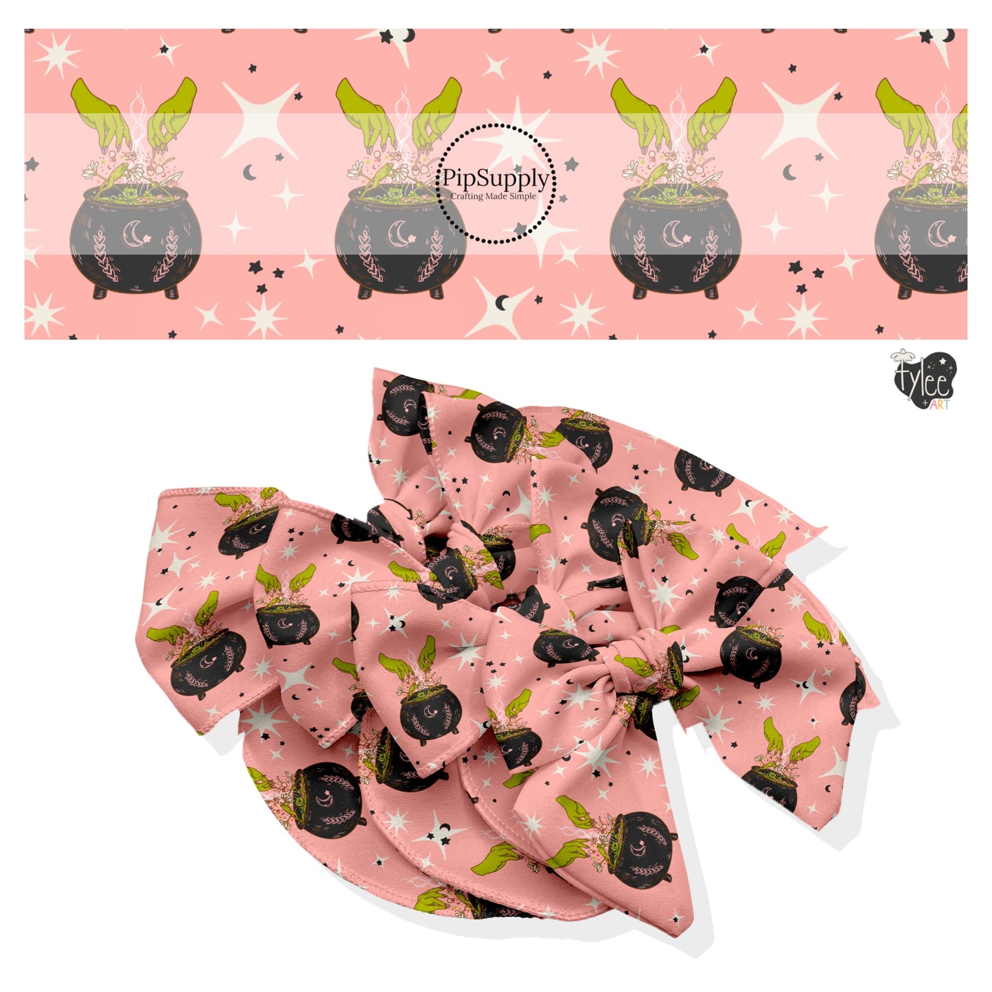 These Halloween themed no sew bow strips can be easily tied and attached to a clip for a finished hair bow. These fun spooky patterned bow strips are great for personal use or to sell. These bow strips feature the following design elements: witches cauldrons on light pink.