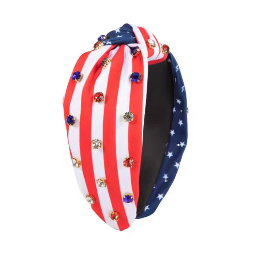 These patriotic rhinestone embellished stars and striped headbands are a stylish hair accessory having the look of a knotted headwrap and the on and off ease of a headband. Made with thick high quality fabric these headbands are a perfect simple and fashionable answer to keeping your hair back!