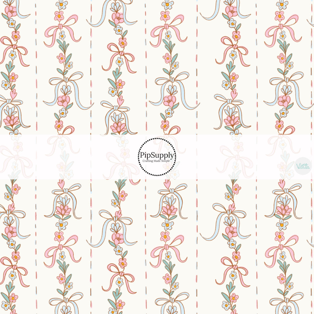 This Easter themed fabric by the yard features spring stripes of flowers and bows. This fun pattern fabric can be used for all your sewing and crafting needs!