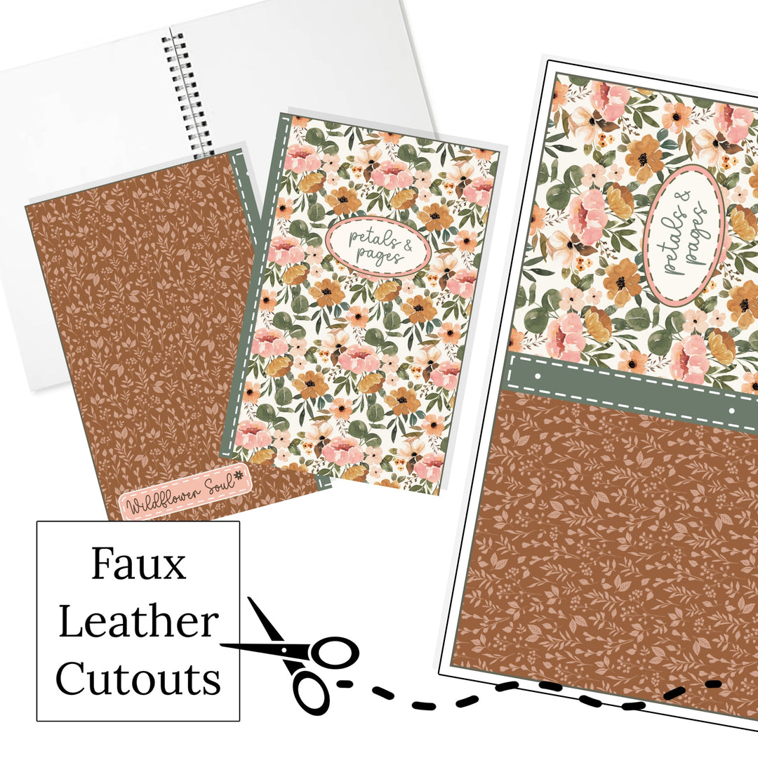 These "Petals & Pages" journal cover faux leather cutouts are perfect to customize any journal or notebook. You will receive one printed faux leather sheet. These are printed on our CPSIA compliant faux leather and will arrive to you as an uncut sheet and will need to be cut, assembled and embellished depending on your craft project. Any additional items shown are sold separately.