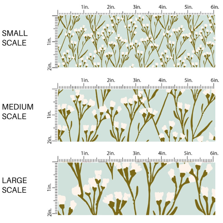 This scale chart of small scale, medium scale, and large scale of this summer fabric by the yard features cream wildflowers on light blue. This fun summer themed fabric can be used for all your sewing and crafting needs!