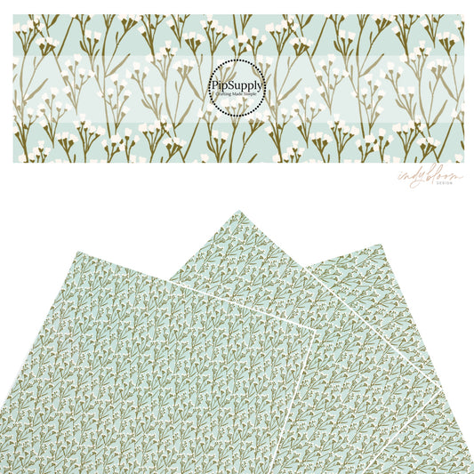 These summer faux leather sheets contain the following design elements: cream wildflowers on light blue. Our CPSIA compliant faux leather sheets or rolls can be used for all types of crafting projects.
