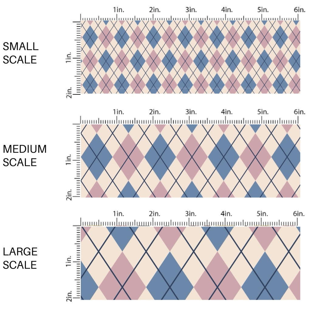 These winter themed pattern fabric by the yard features the following design elements: blue and purple argyle pattern on cream. This fun themed fabric can be used for all your sewing and crafting needs!