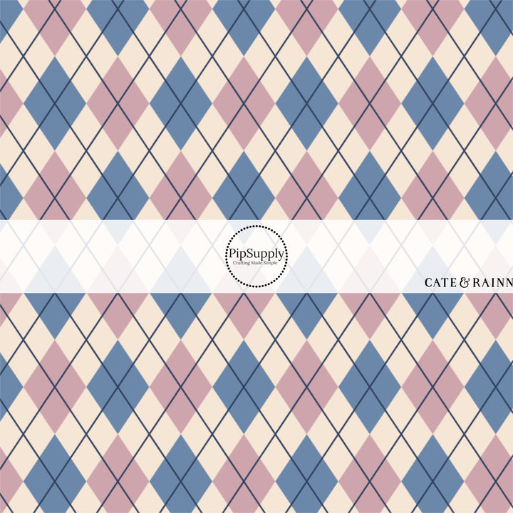 These winter themed pattern fabric by the yard features the following design elements: blue and purple argyle pattern on cream. This fun themed fabric can be used for all your sewing and crafting needs!