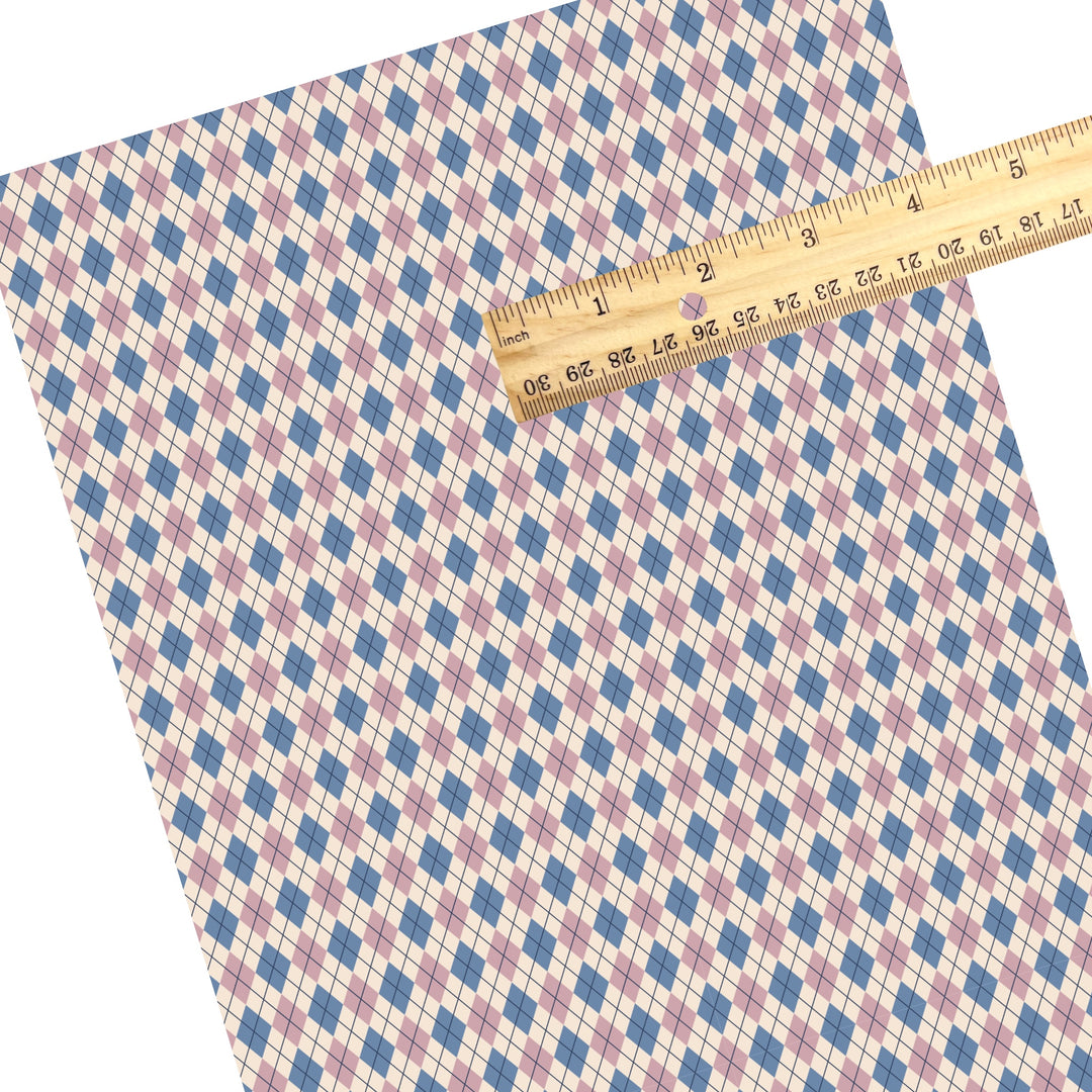 These winter themed pattern faux leather sheets contain the following design elements: blue and purple argyle pattern on cream. Our CPSIA compliant faux leather sheets or rolls can be used for all types of crafting projects.