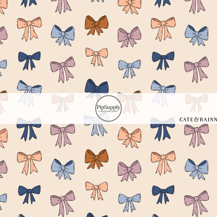 These winter bow themed pattern fabric by the yard features the following design elements: berry colored bows on cream. This fun themed fabric can be used for all your sewing and crafting needs!