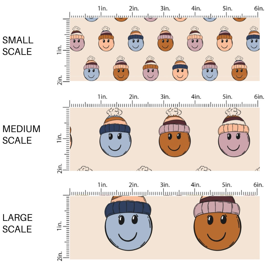 These winter smiley faces themed pattern fabric by the yard features the following design elements: berry colored smiley faces with hats on cream. This fun themed fabric can be used for all your sewing and crafting needs!