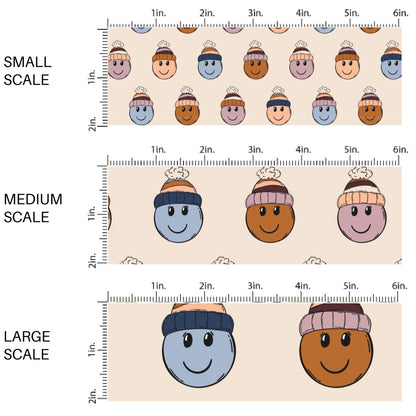 These winter smiley faces themed pattern fabric by the yard features the following design elements: berry colored smiley faces with hats on cream. This fun themed fabric can be used for all your sewing and crafting needs!