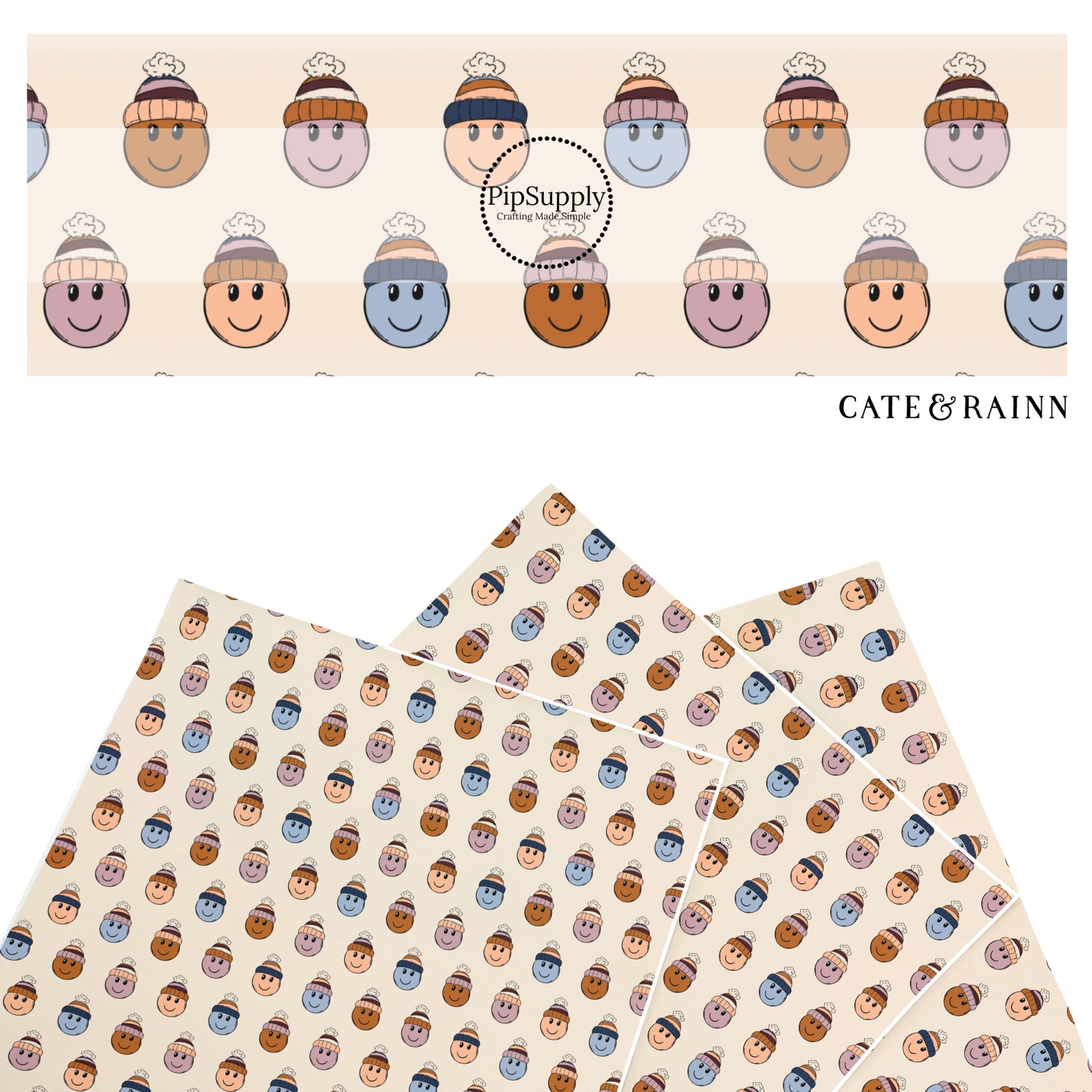 These winter smiley faces themed pattern faux leather sheets contain the following design elements: berry colored smiley faces with hats on cream. Our CPSIA compliant faux leather sheets or rolls can be used for all types of crafting projects.