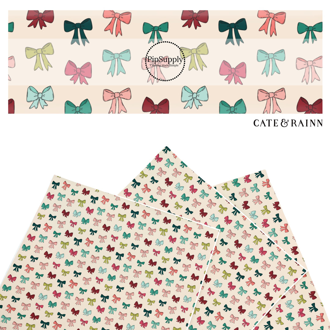 These winter bow themed pattern faux leather sheets contain the following design elements: colorful bows on cream. Our CPSIA compliant faux leather sheets or rolls can be used for all types of crafting projects.