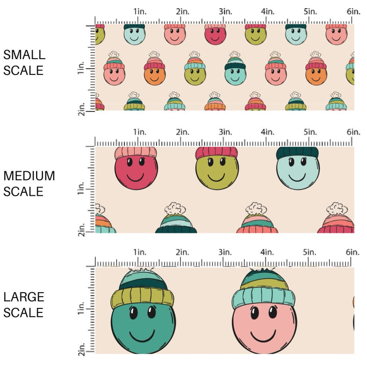 These winter smiley faces themed pattern fabric by the yard features the following design elements: colorful smiley faces with hats on cream. This fun themed fabric can be used for all your sewing and crafting needs!