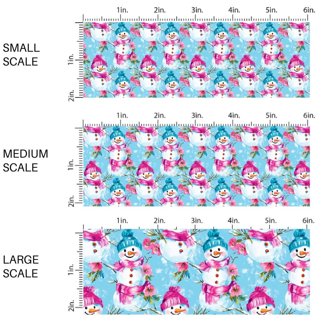 This winter snowman fabric by the yard features snowman with colorful hats on blue. This fun winter fabric can be used for all your sewing and crafting needs!