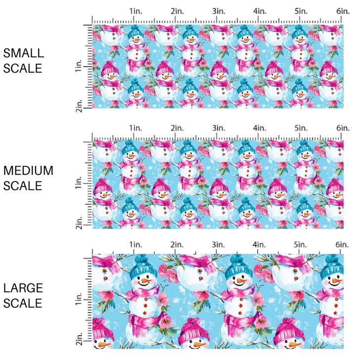 This winter snowman fabric by the yard features snowman with colorful hats on blue. This fun winter fabric can be used for all your sewing and crafting needs!