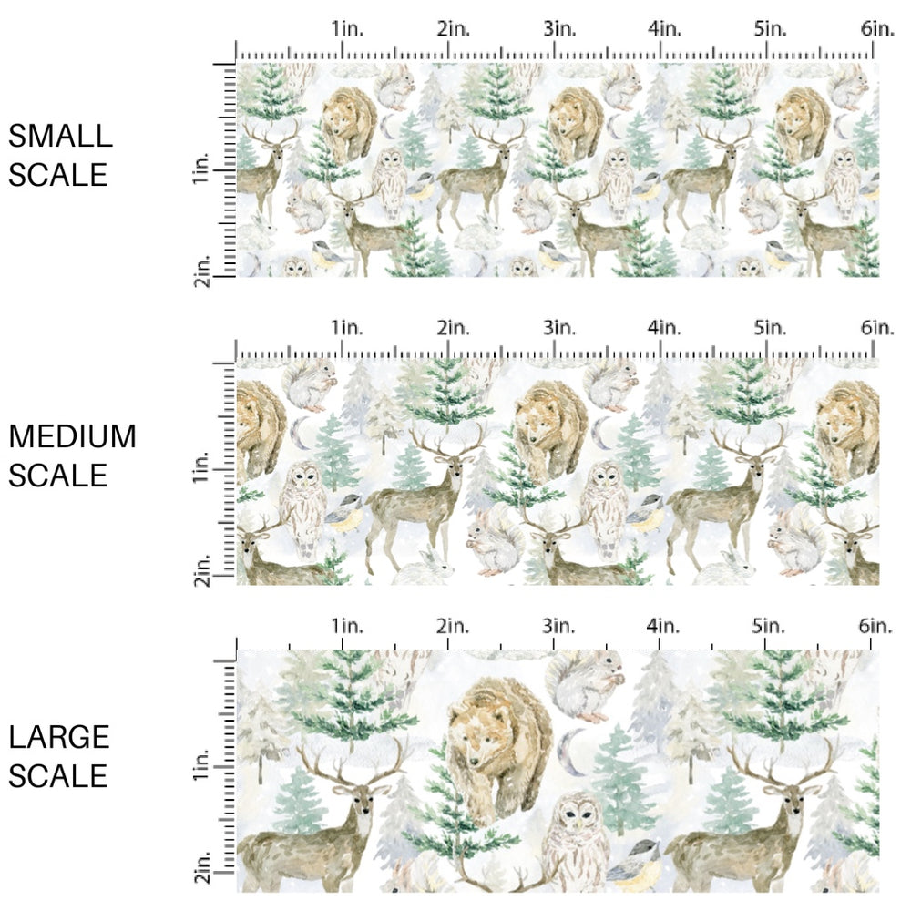 This winter animal and nature fabric by the yard features pine trees surrounded by woodland animals on cream. This fun winter fabric can be used for all your sewing and crafting needs!