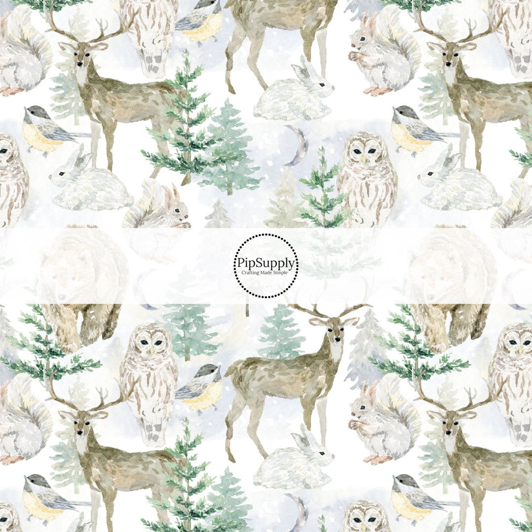 This winter animal and nature fabric by the yard features pine trees surrounded by woodland animals on cream. This fun winter fabric can be used for all your sewing and crafting needs!