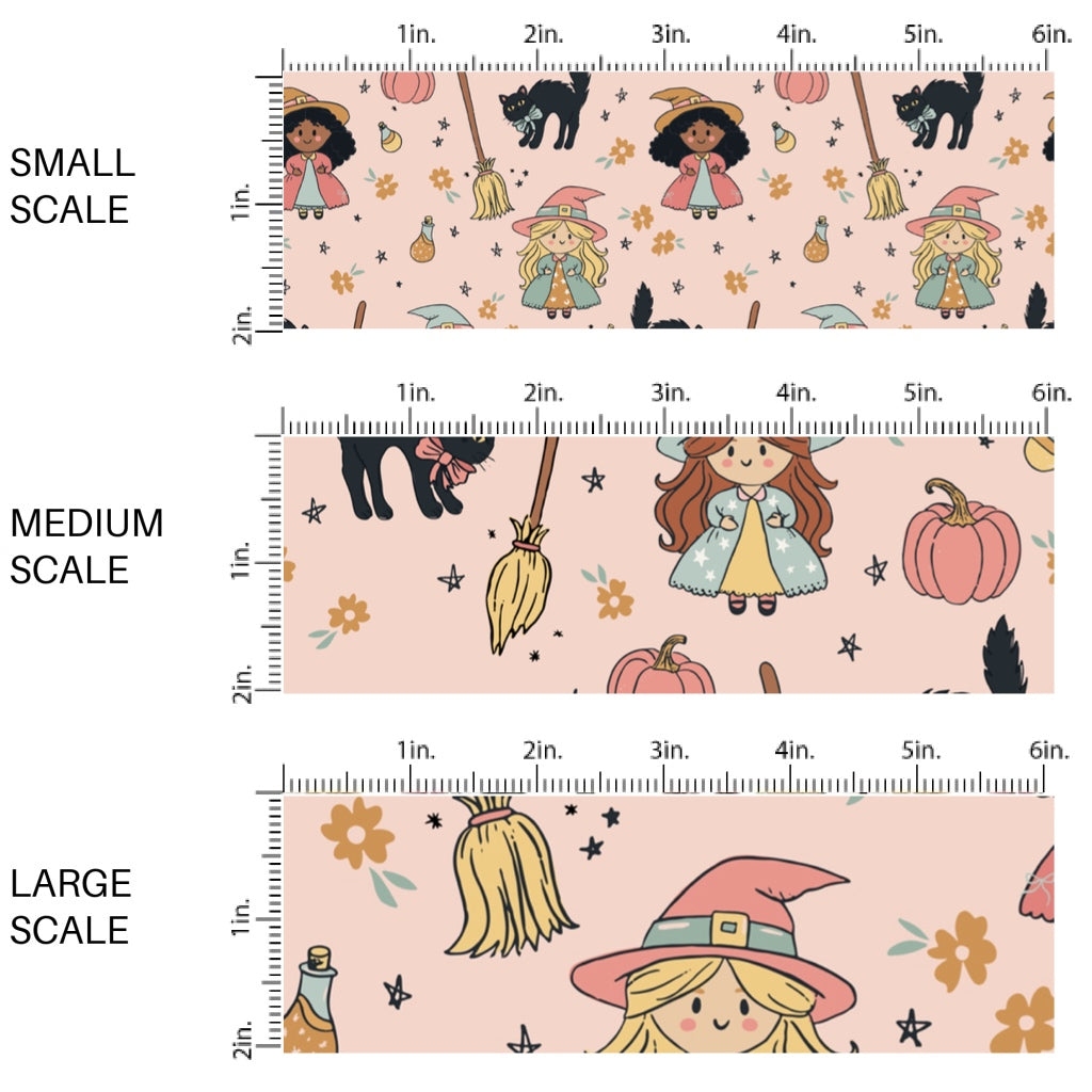 This scale chart of small scale, medium scale, and large scale of these Halloween themed pattern fabric by the yard features the following design elements: black cats and witch costumes on light pink. This fun spooky themed fabric can be used for all your sewing and crafting needs!