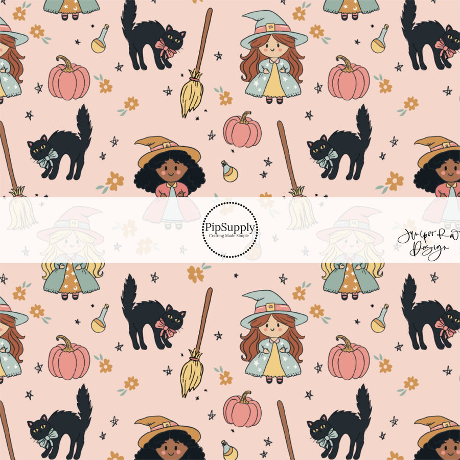 These Halloween themed pattern fabric by the yard features the following design elements: black cats and witch costumes on light pink. This fun spooky themed fabric can be used for all your sewing and crafting needs!