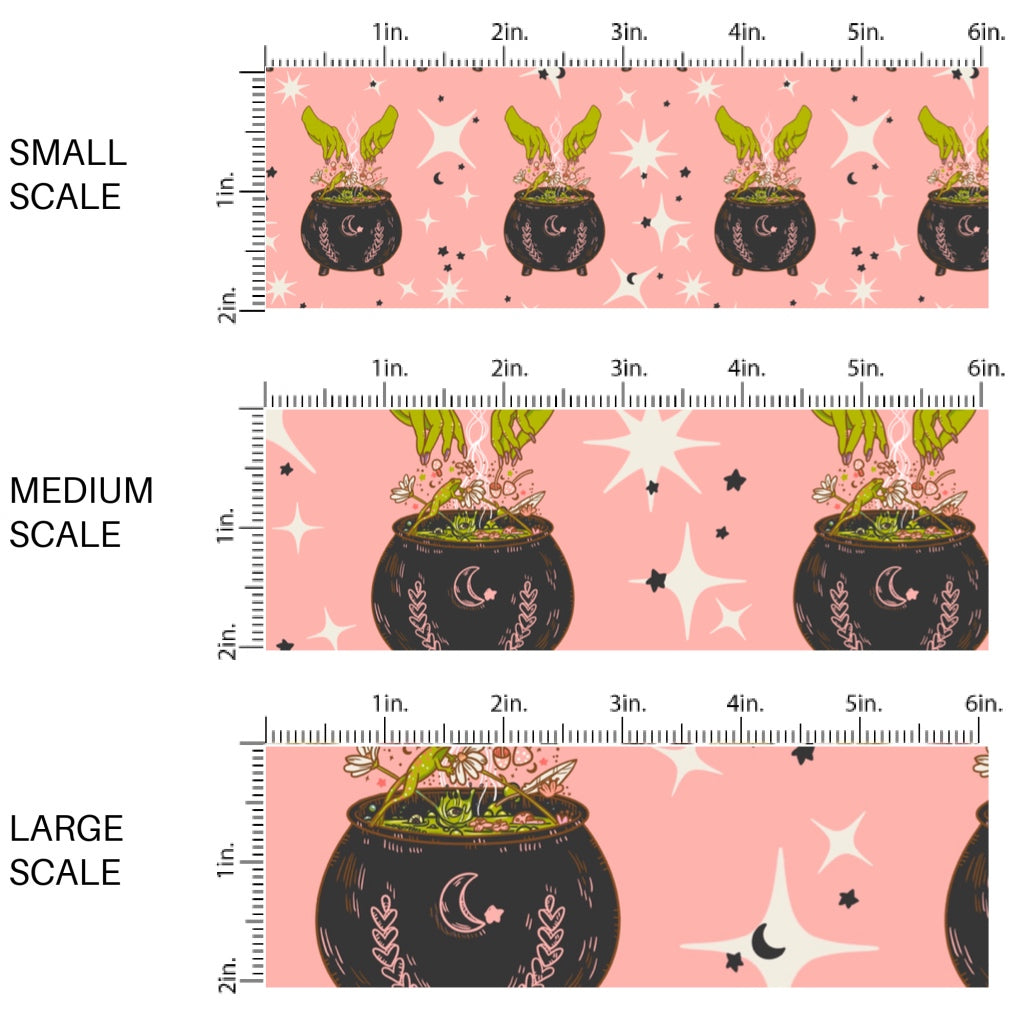 This scale chart of small scale, medium scale, and large scale of these Halloween themed pattern fabric by the yard features the following design elements: witches cauldrons on light pink. This fun spooky themed fabric can be used for all your sewing and crafting needs!