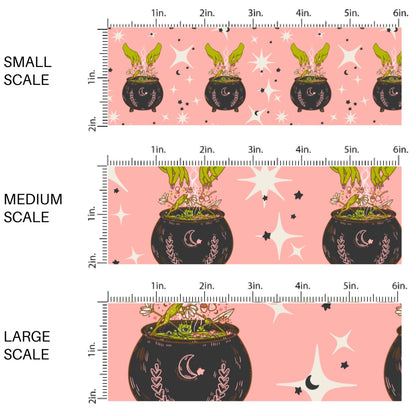 This scale chart of small scale, medium scale, and large scale of these Halloween themed pattern fabric by the yard features the following design elements: witches cauldrons on light pink. This fun spooky themed fabric can be used for all your sewing and crafting needs!