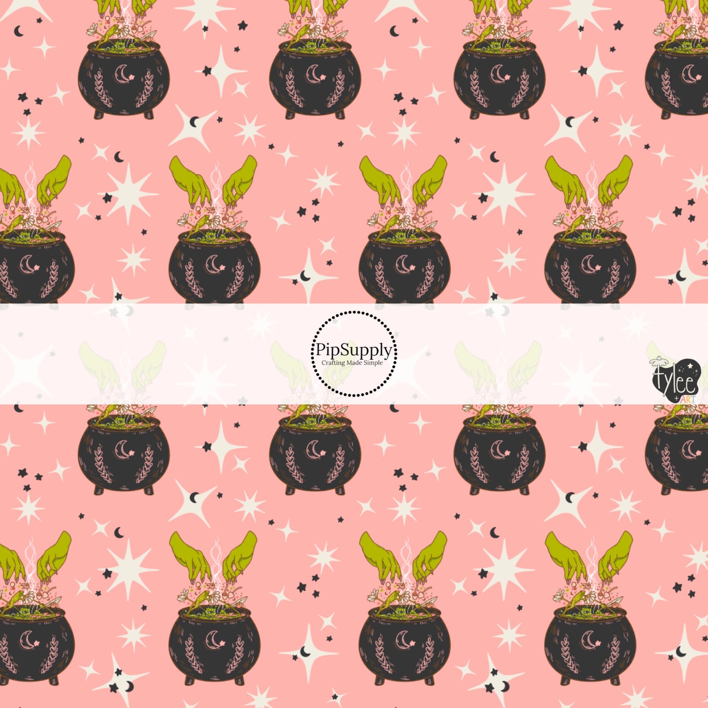 These Halloween themed pattern fabric by the yard features the following design elements: witches cauldrons on light pink. This fun spooky themed fabric can be used for all your sewing and crafting needs!