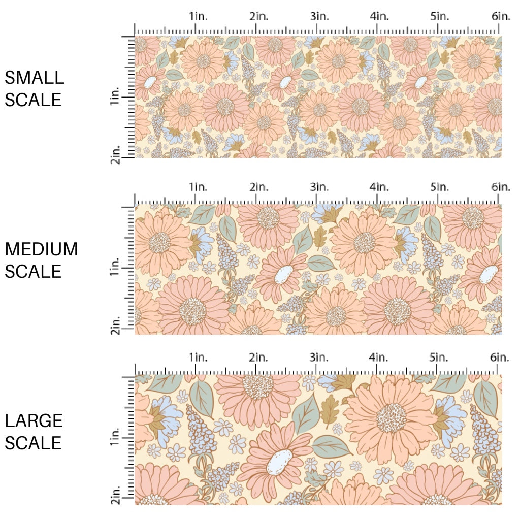 This spring floral fabric by the yard features pastel flowers on pale yellow. This seasonal pattern fabric can be used for all your sewing and crafting needs!