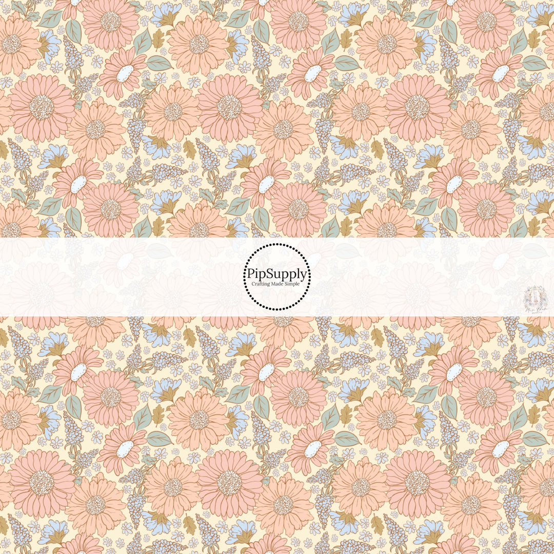 This spring floral fabric by the yard features pastel flowers on pale yellow. This seasonal pattern fabric can be used for all your sewing and crafting needs!