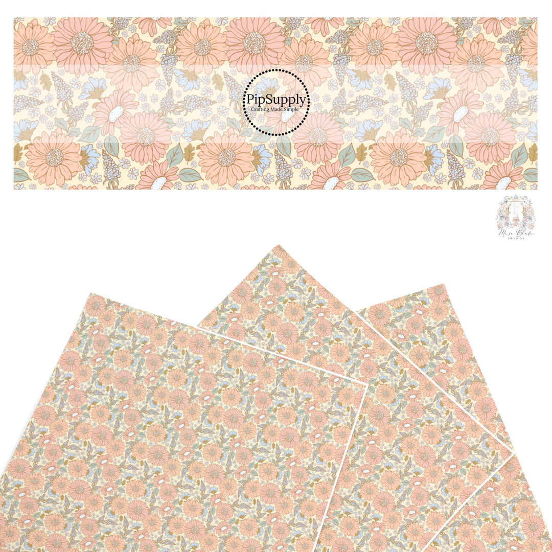 These spring floral faux leather sheets contain the following design elements: pastel flowers on pale yellow. Our CPSIA compliant faux leather sheets or rolls can be used for all types of crafting projects.