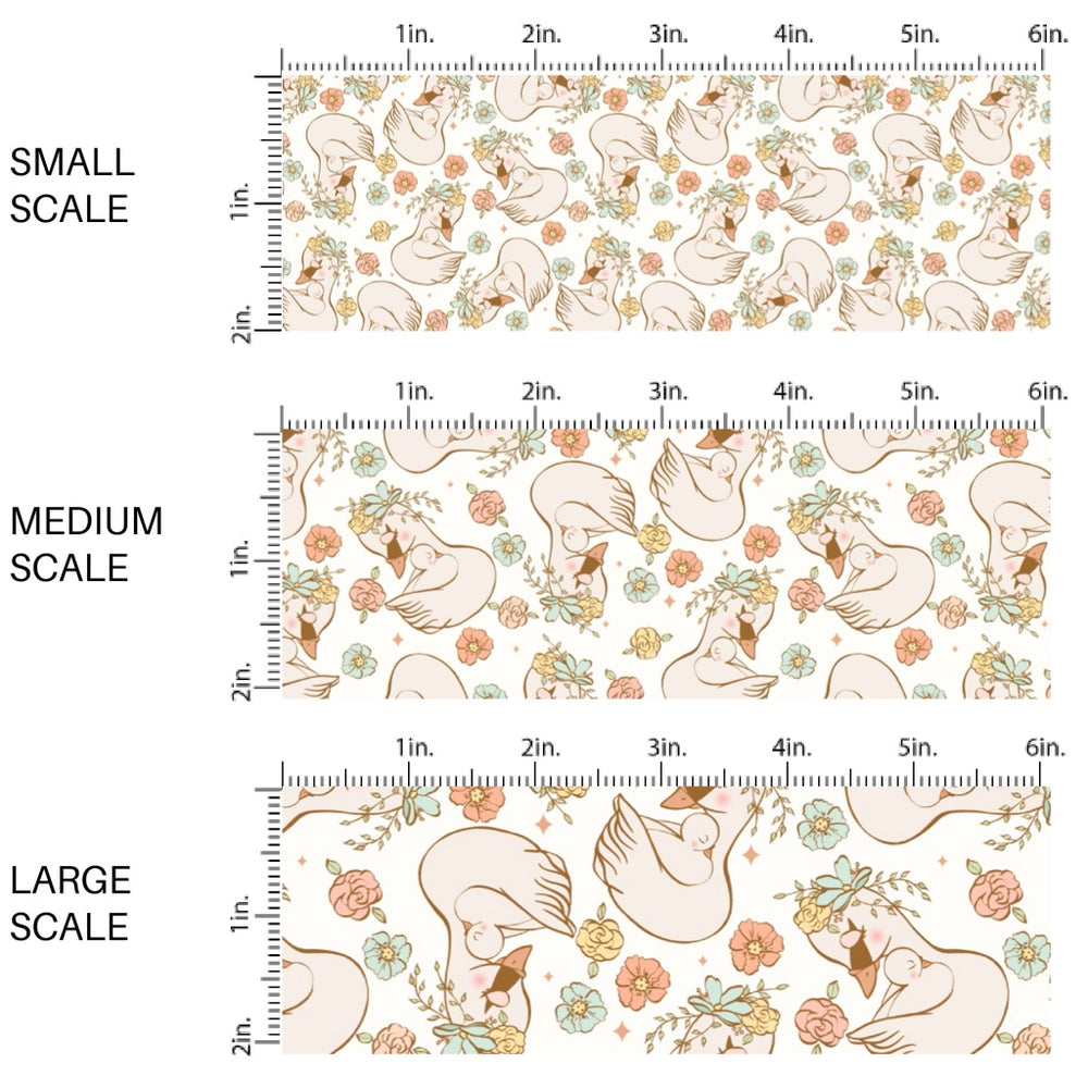 This spring floral fabric by the yard features swans and pastel flowers. This seasonal pattern fabric can be used for all your sewing and crafting needs!