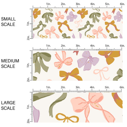 This scale chart of small scale, medium scale, and large scale of this summer fabric by the yard features woodsy cutesy bows on cream. This fun themed fabric can be used for all your sewing and crafting needs!