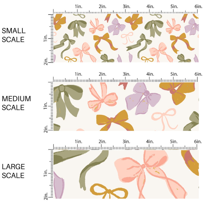 This scale chart of small scale, medium scale, and large scale of this summer fabric by the yard features woodsy cutesy bows on cream. This fun themed fabric can be used for all your sewing and crafting needs!