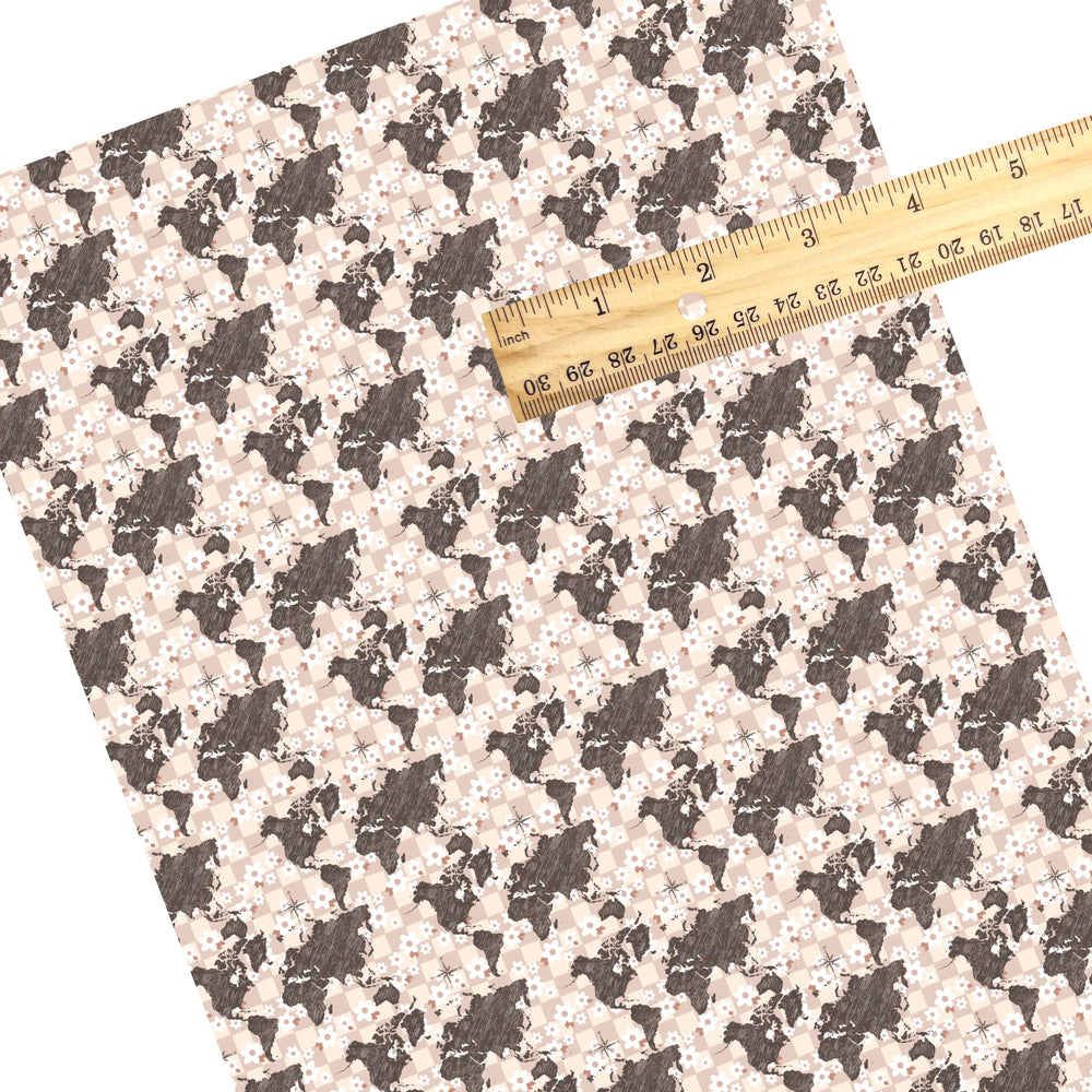 These travel themed faux leather sheets contain the following design elements: wanderlust map pattern. Our CPSIA compliant faux leather sheets or rolls can be used for all types of crafting projects.