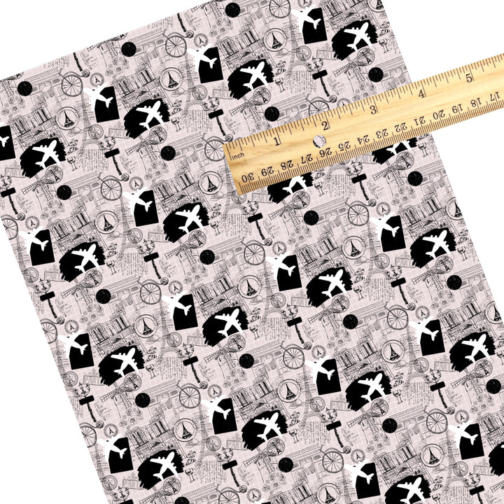 These travel themed faux leather sheets contain the following design elements: airplanes, passport stamps, and maps pattern. Our CPSIA compliant faux leather sheets or rolls can be used for all types of crafting projects.