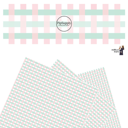 These spring pastel pattern themed faux leather sheets contain the following design elements: light pink and seafoam green plaid pattern. Our CPSIA compliant faux leather sheets or rolls can be used for all types of crafting projects.