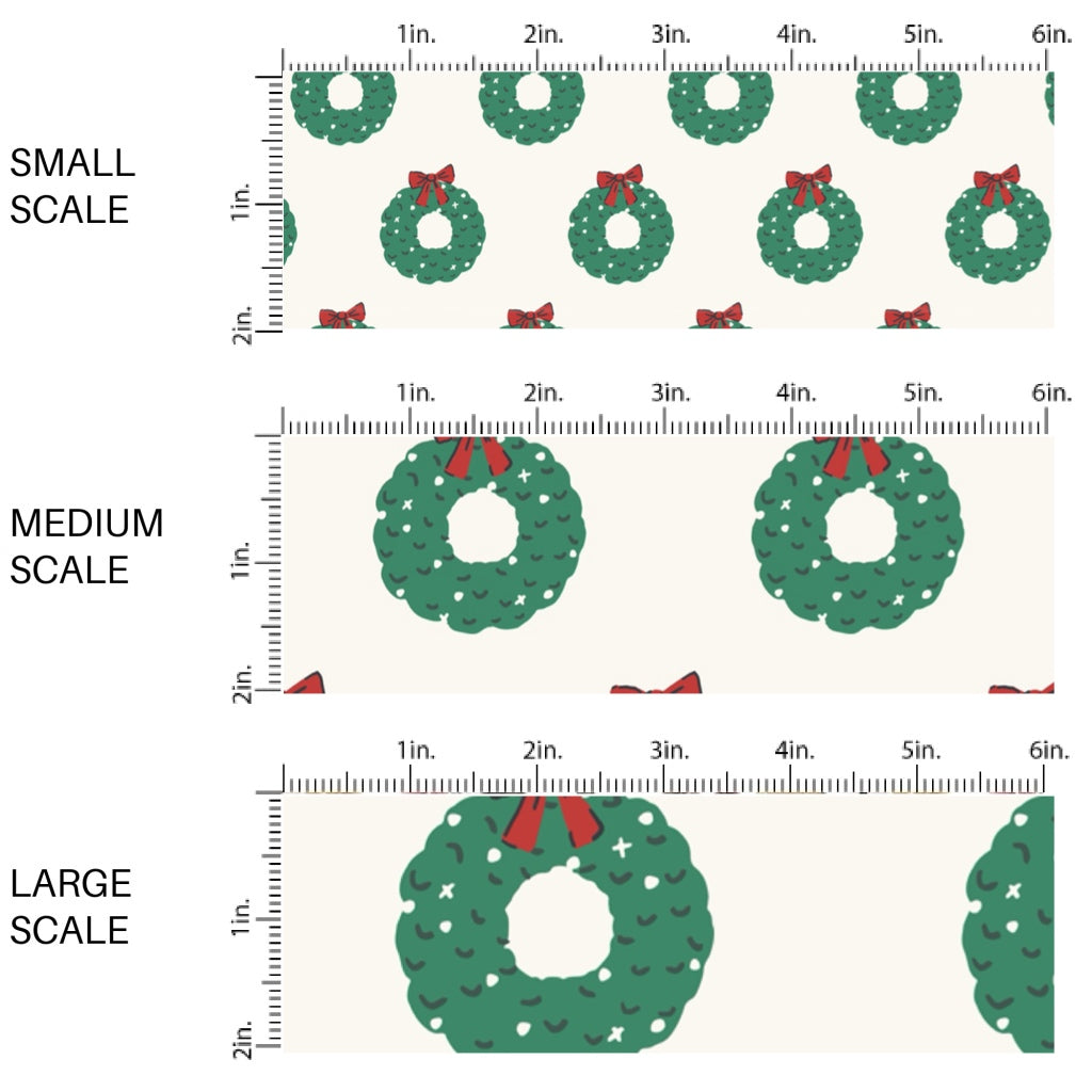 These Christmas themed pattern fabric by the yard features the following design elements: holiday wreaths with red bows on cream. This fun themed fabric can be used for all your sewing and crafting needs!