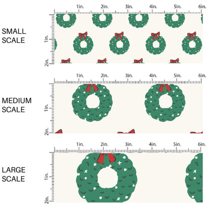 These Christmas themed pattern fabric by the yard features the following design elements: holiday wreaths with red bows on cream. This fun themed fabric can be used for all your sewing and crafting needs!