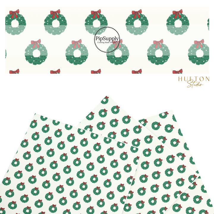 These Christmas themed pattern faux leather sheets contain the following design elements: holiday wreaths with red bows on cream. Our CPSIA compliant faux leather sheets or rolls can be used for all types of crafting projects.