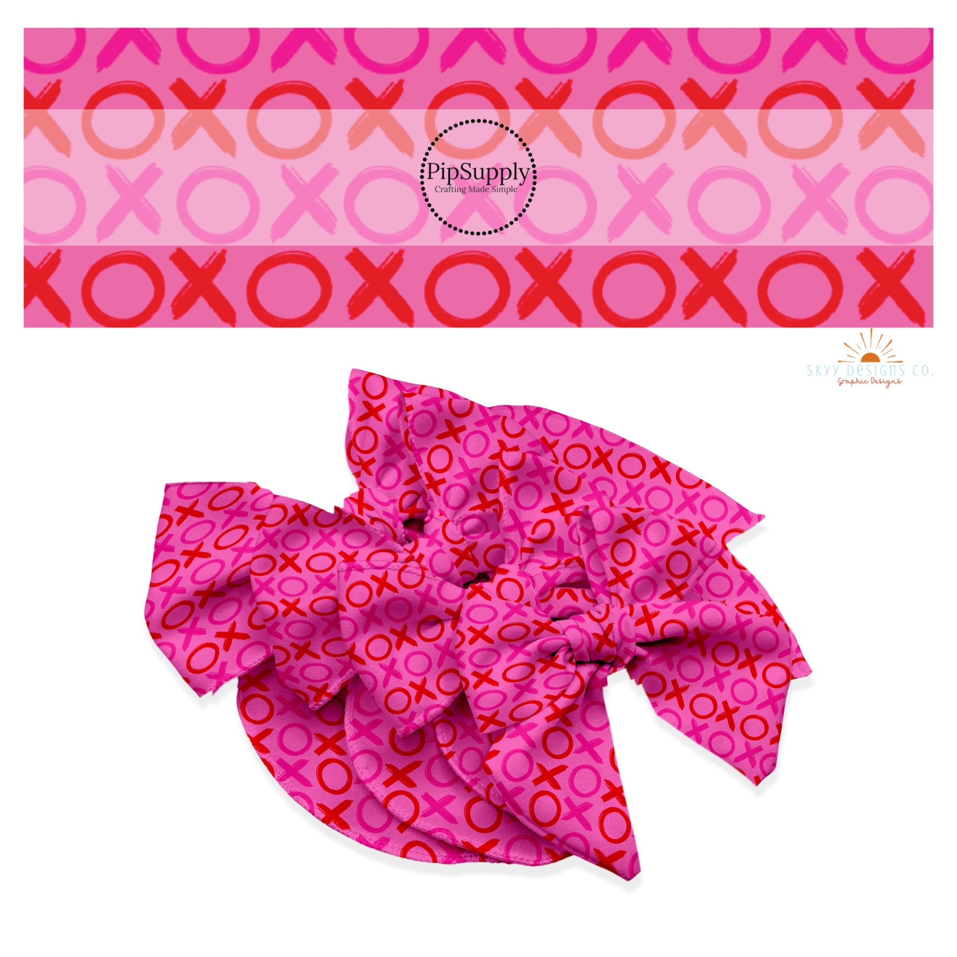Mutli xoxo on bright pink hair bow strips