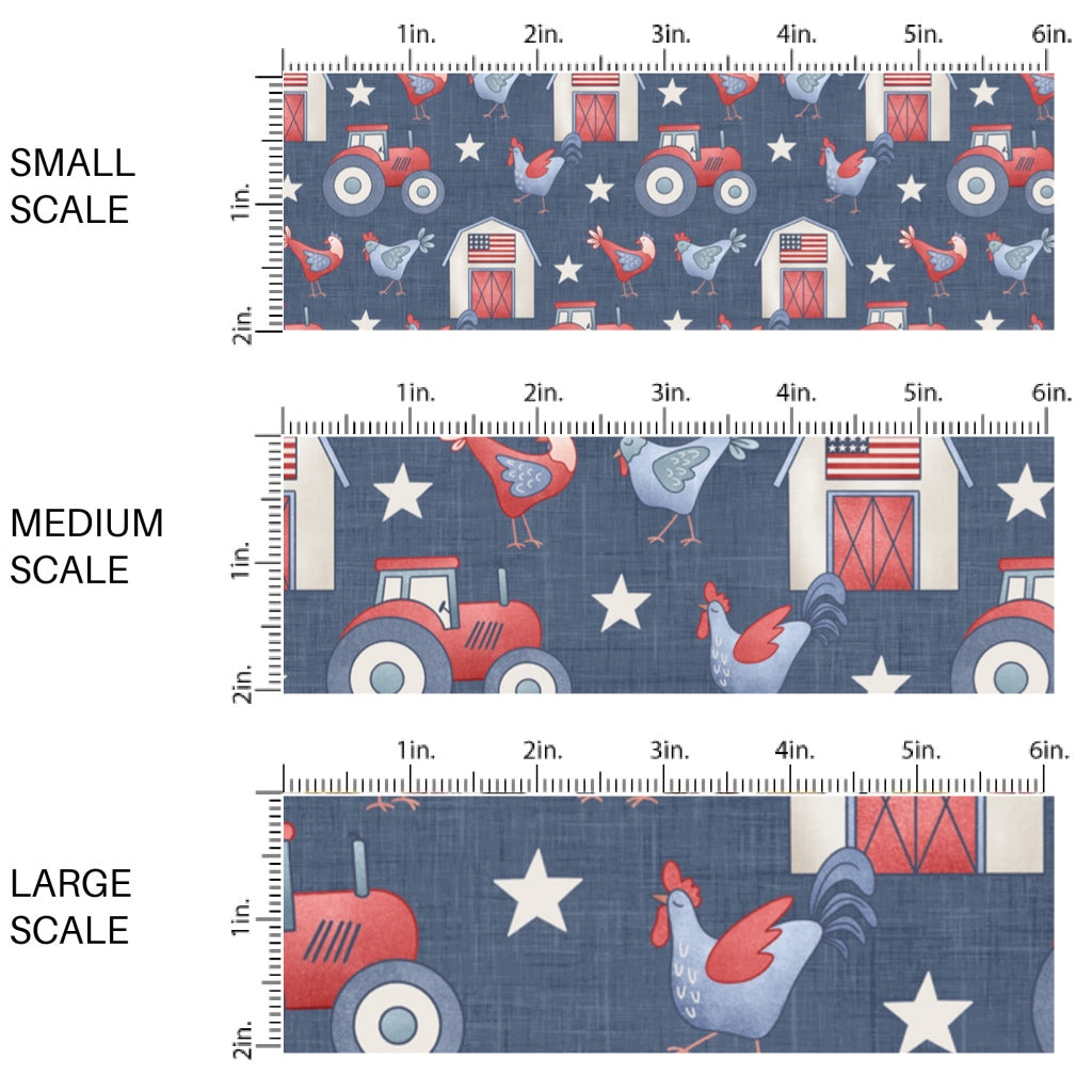 This scale chart of small scale, medium scale, and large scale of this 4th of July fabric by the yard features patriotic farms on blue. This fun patriotic themed fabric can be used for all your sewing and crafting needs!
