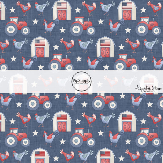 This 4th of July fabric by the yard features patriotic farms on blue. This fun patriotic themed fabric can be used for all your sewing and crafting needs!