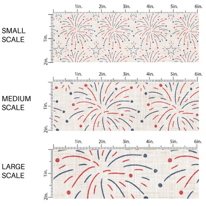 This scale chart of small scale, medium scale, and large scale of this 4th of July fabric by the yard features patriotic red and blue fireworks on cream. This fun patriotic themed fabric can be used for all your sewing and crafting needs!