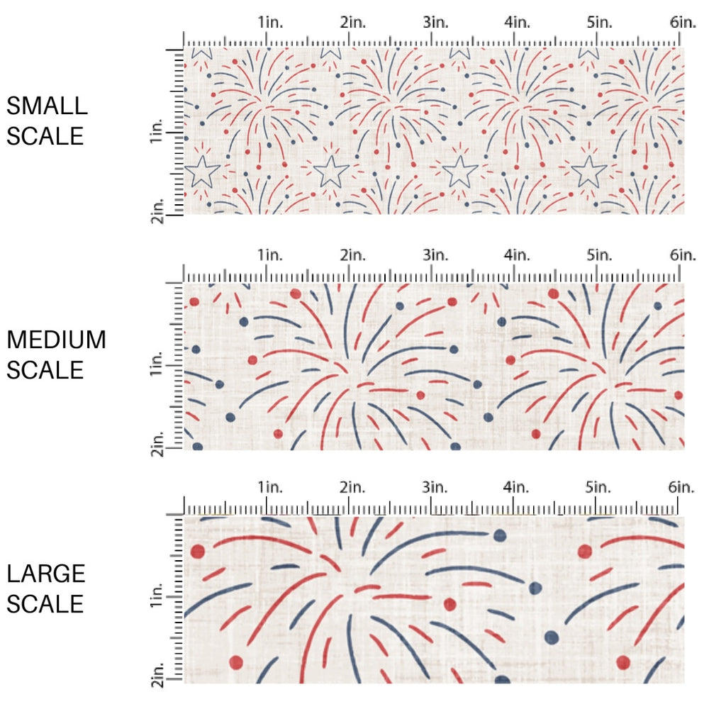 This scale chart of small scale, medium scale, and large scale of this 4th of July fabric by the yard features patriotic red and blue fireworks on cream. This fun patriotic themed fabric can be used for all your sewing and crafting needs!